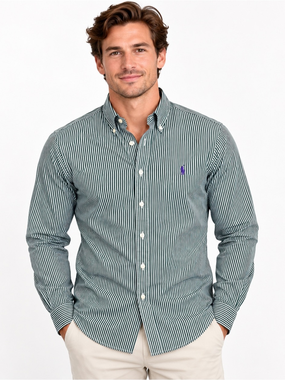 Ralph Lauren Shirt Mens Small Green White Striped Custom Fit Pony Button Up